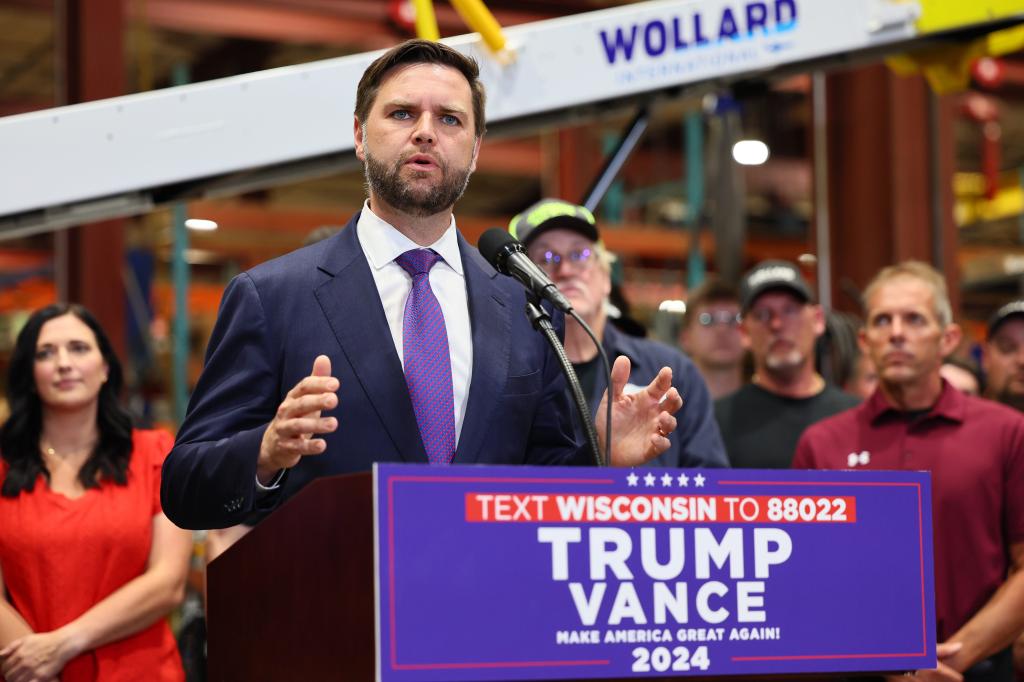  Republican vice presidential candidate, Sen. J.D. Vance (R-OH) spoke at NMC-Wollard Inc. / Wollard International on August 07, 2024 in Wisconsin. 