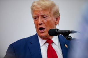 Republican presidential nominee, former U.S. President Donald Trump speaks at Trump Force 47 campaign headquarters on August 26, 2024 in Roseville, Michigan.