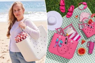 founder Kim Vaccarella of Bogg bags on the beach with a bag and multiple bags and products on a blanket in the grass