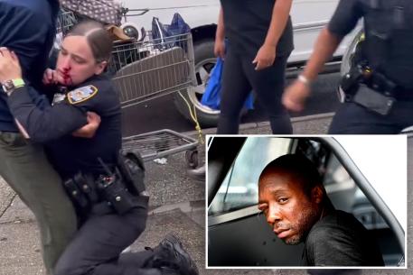 Photos of the bleeding cop and the man arrested for punching her in a police car.