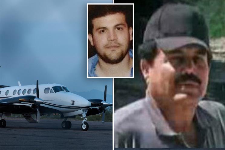 At left, a plane believed to have carried Mexican drug lord Ismael "El Mayo" Zambada and Joaquin Guzman Lopez, the son of Zambada's former partner, Joaquin "El Chapo" Guzman, who were arrested in El Paso, Texas, is seen on the tarmac of the Dona Ana County private airport, in Santa Teresa, New Mexico, U.S., July 25; at right, Ismael "El Mayo" Zambada seen wearing a black hat; top center inset of Joaquin Guzman Lopez, one of the alleged leaders of Mexico's Sinaloa Cartel.