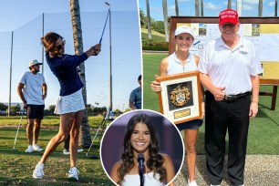 A collage of people on a golf course including Donald Trump