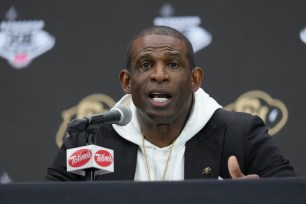 Colorado head coach Deion Sanders speaks during the Big 12 NCAA college football media day in Las Vegas, Wednesday, July 10, 2024.