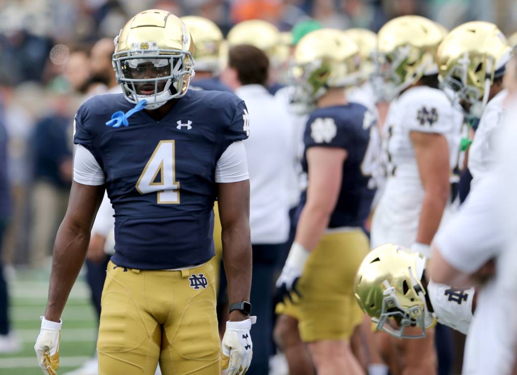 Jeremiyah Love has big shoes to fill as the running back for Notre Dame. 