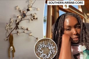 (Left) A screenshot from TIkTok user Erica Watkins' AirBnB stay. (Right) Watkins. (Inset) A wreath of cotton.