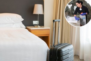 Hotel room with inset image of woman cleaning