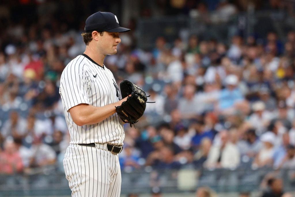 New York Yankees starting pitcher Gerrit Cole #45, pitching in the 1st inning.