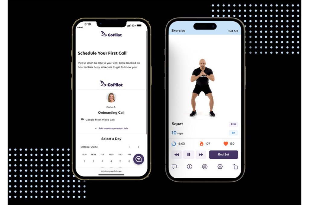 A screenshot of a phone showing live workouts with a personalized trainer. 