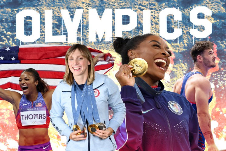 A Hollywood sign that says OLYMPICS with pictures of Katie Ledecky, Simone Biles and Anthony Ammarati