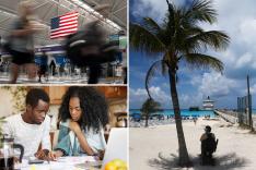 Indoor candid shot of young Black couple doing paperwork together, bottom left. Blurred people wakling about an airport with an American flag, top left. A person sits by a palm tree on a beach with a cloud-filled sky.