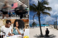 Indoor candid shot of young Black couple doing paperwork together, bottom left. Blurred people wakling about an airport with an American flag, top left. A person sits by a palm tree on a beach with a cloud-filled sky.