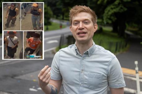 Julian De Flandres at the entrance to Central Park at 90th Street and Central Park West; surveillance photos NYPD released of four of the teenagers part of a group involved in robbing De Flandres of his wallet in Central Park on Aug. 1