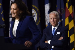 Democratic vice presidential running mate, US Senator Kamala Harris, speaks as Democratic presidential nominee and former US Vice President Joe Biden during the first press conference with Joe Biden in Wilmington, Delaware, on August 12, 2020.