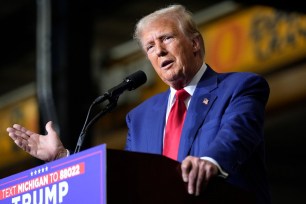 Former President Donald Trump speaking at a rally in Potterville, Michigan on Aug. 29, 2024.