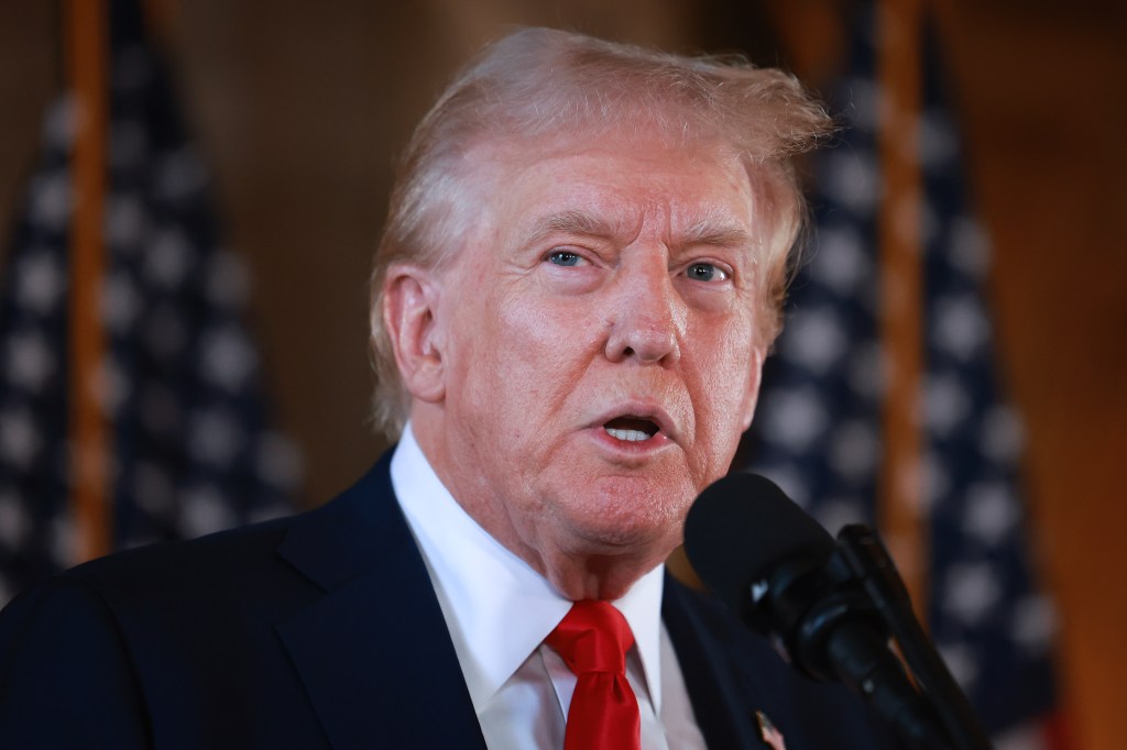 Republican presidential candidate former President Donald Trump speaks during a press conference at his Mar-a-Lago estate on August 08, 2024, in Palm Beach, Florida. 