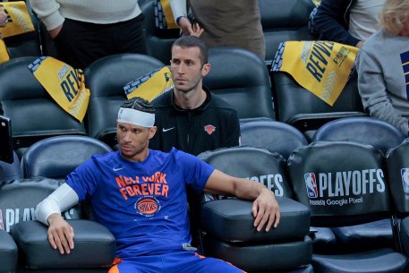 Josh Hart #3 of the New York Knicks on the bench before the start of the first quarter. In house photo Charles Wenzelberg / New York Post