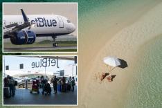 A composite photo of a JetBlue airplane, a shot of the Bahamas and travelers at John F. Kennedy International Airport.