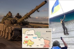 Collage of a tank, Ukraine soldiers with a flag, and a map of Ukraine and Russia