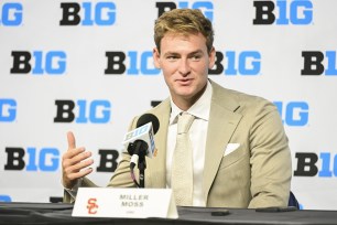 USC Trojans quarterback Miller Moss speaking to the media during the Big 10 football media day at Lucas Oil Stadium.