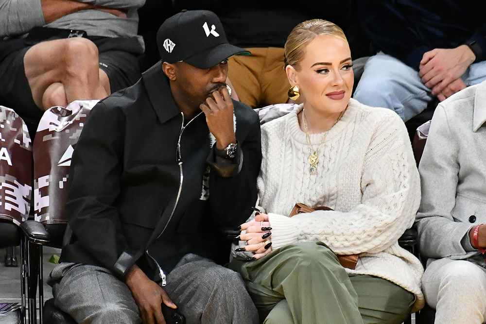 Rich Paul and Adele at a Los Angeles Lakers game on November 22, 2023.