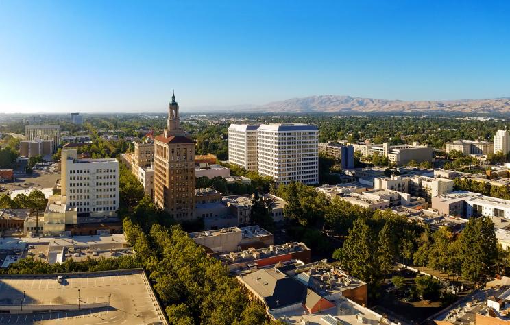 Sunny view of the north part of downtown San Jose, California, the high tech center of Silicon Valley with numerous buildings and trees