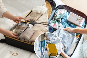 Woman packing suitcase for trip on bed, closeup