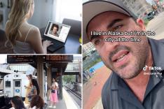 Top left, a young blonde woman seen from behind on laptop video chatting with man; bottom left, women waiting on train platform; at right, screenshot of comedian Jared Freid complaining on TikTok of women going on dating sites saying they live in NYC when they actually live outside of the city