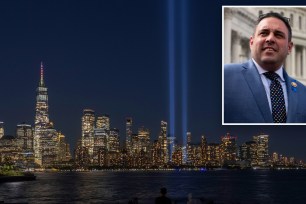 A composite photo of the 9/11 Tribute in Light and in the inset a photo of Congressman Anthony D'Esposito, who is renewing a push to make 9/11 a federal holiday