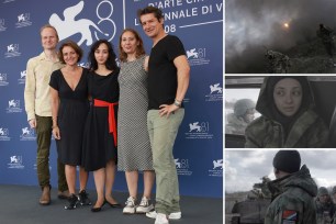 Roland Schlimme, Sally Blake, Director Anastasia Trofimova, Cornelia Principe and Philippe Levasseur attend the "Russians At War" photocall during the 81st Venice International Film Festival, seen on red carpet at left; at right, three clips of Trofimova in black and white in the film.