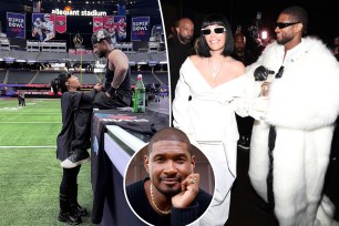 Jenn Goicoechea and Usher at Allegiant Stadium and after their wedding, and Usher alone.