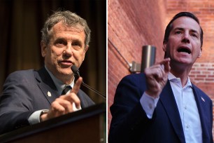 composite image: sherrod brown left, at amicrophone speaking; right bernie moreno speaking