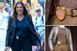 Mariska Hargitay at left on set of "Law & Order: SVU" seen smailing and walking briskly with blazer on and police badge showing on waistband; top right, close up of her badge that was donated to museum; at bottom right, mannequin wearing her "SVU" costume in museum.