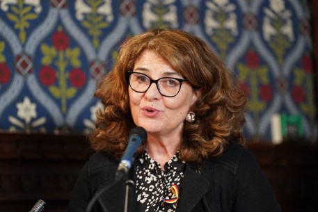 Dame Diana Johnson MP speaking into a microphone at a press conference on Infected Blood Inquiry report in Westminster, London