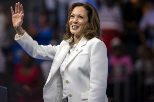 Vice President Kamala Harris speaking at a rally in Savannah on Aug. 29, 2024.