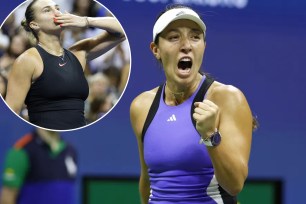 Jessica Pegula celebrates during he comeback U.S. Open semifinal win over Karolina Muchova on Sept. 5, 2024. She will face Aryna Sabalenka (inset) in the U.S. Open final on Saturday.