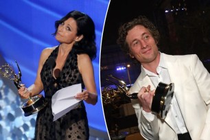 photos of julia louis dreyfus and jeremy allen white holding emmys