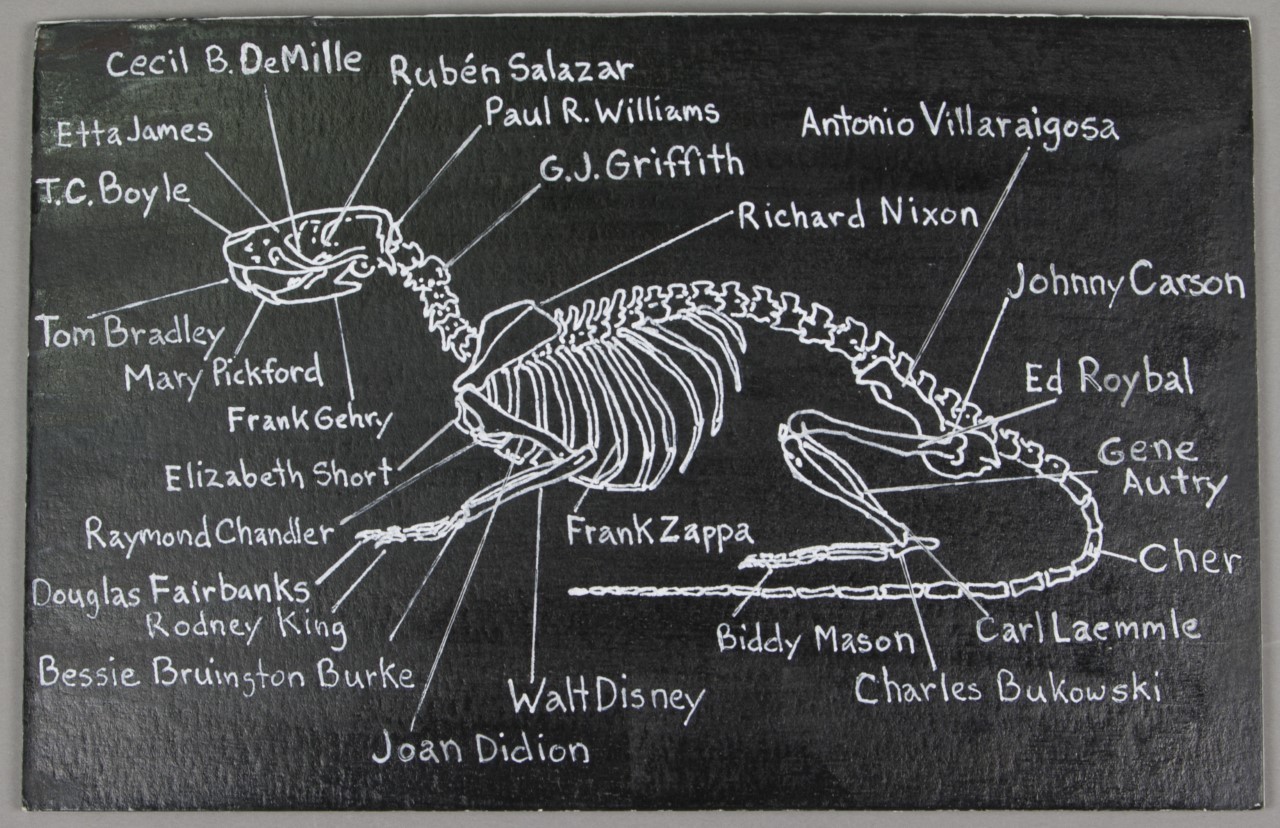 Black and white dinosaur skeleton with bones named after well-known figures.