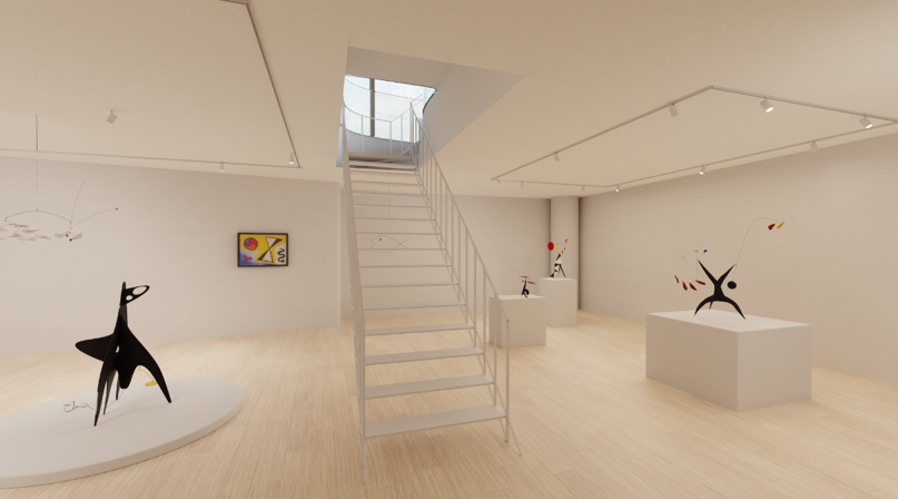 Digital rendering of white gallery with stairs going up to open door