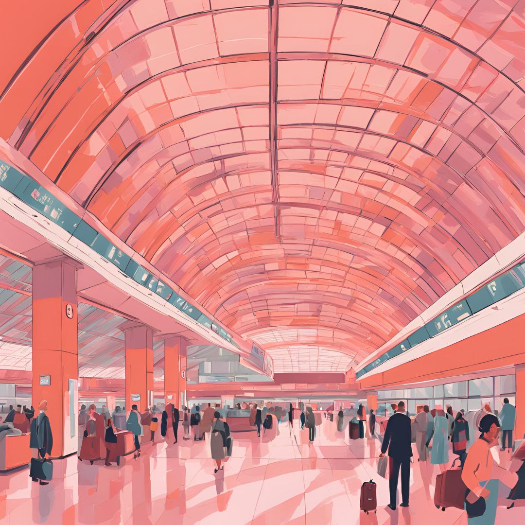 An illustration of a busy airport, in shades of salmon and pink.