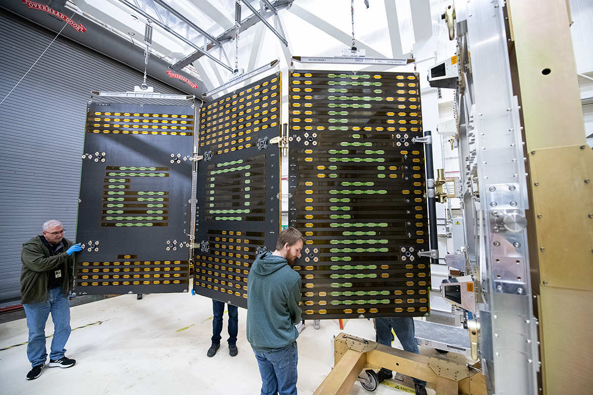 PACE flight solar array panels inspection and electrical testing at Goddard Space Flight Center.