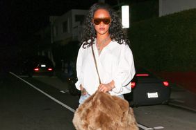 Santa Monica, CA - *EXCLUSIVE* - Rihanna enjoys a late dinner at Giorgio Baldi in Santa Monica, exuding casual chic with her tucked-in white blouse and jeans, while adding a touch of flair with animal print slouch boots.