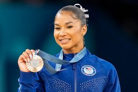 Jordan Chiles of USA celebrates during the Women's Artistic Gymnastics Floor Exercise Final medal ceremony on Day 10 of the Olympic Games Paris 2024 at Bercy Arena on August 5, 2024 in Paris, France. 