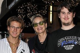 Sharon Stone poses for a picture with her two sons Roan and Laird after lunch at Via Alloro Italian restaurant in Beverly Hills.