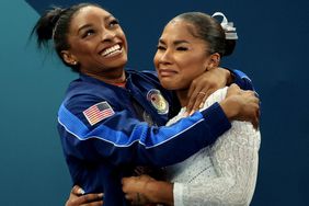 Silver medalist Simone Biles and bronze medalist Jordan Chiles of Team United States celebrate after competing the Artistic Gymnastics Women's Floor Exercise Final on day ten of the Olympic Games Paris 2024 at Bercy Arena on August 05, 2024 in Paris, France.