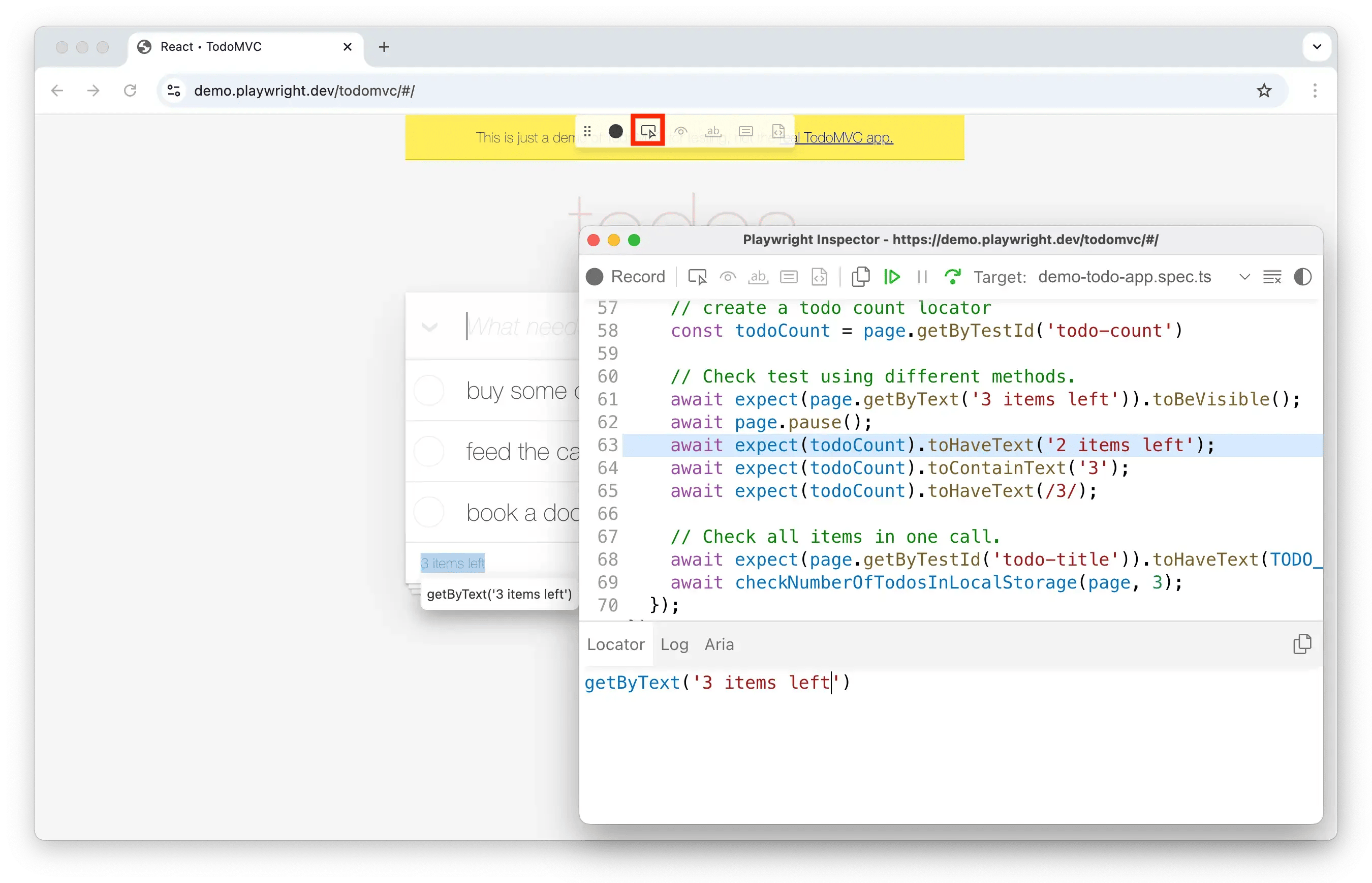 Locator picker in the Playwright Inspector