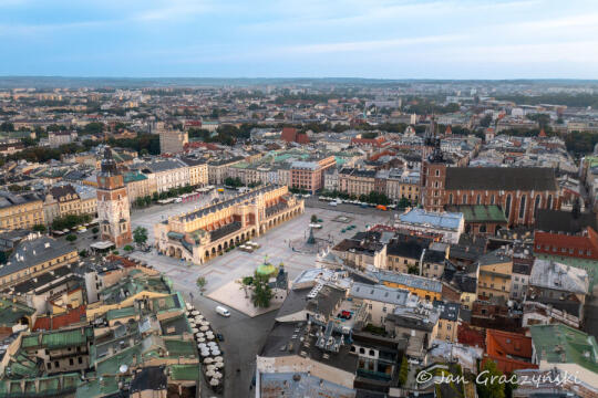 Kraków city center a photo from a drone. Main Market Square with Clothhall  and Grodzka street  