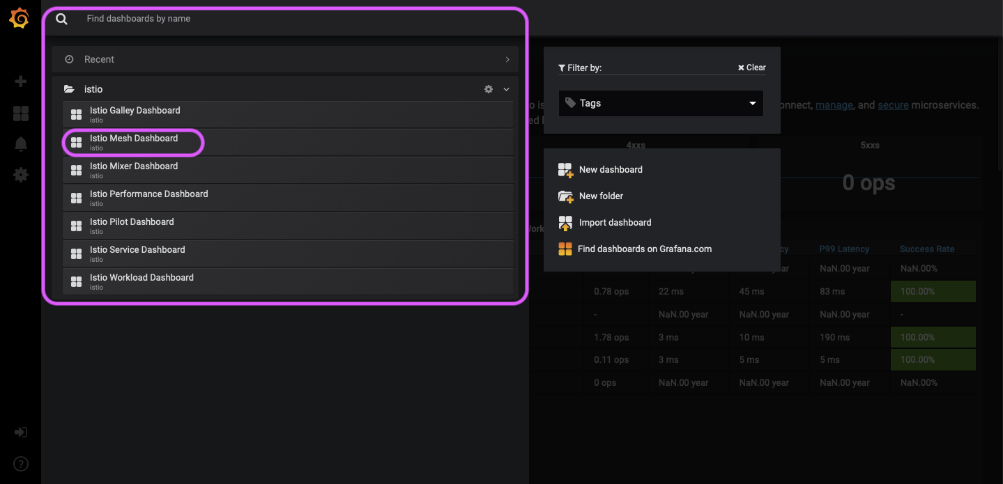 Select Istio Mesh Dashboard from the top left drop-down menu