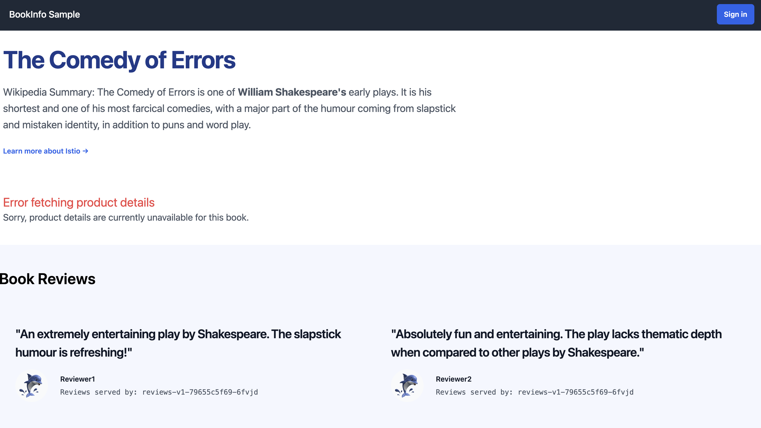 Bookinfo Web Application, details unavailable