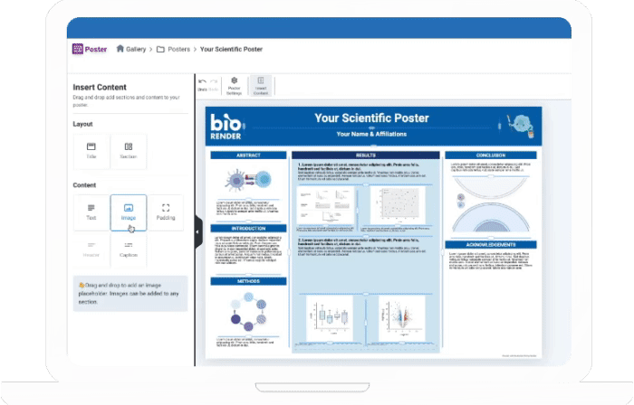 a laptop showing the BioRender poster builder software