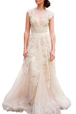 Ruolai ASA Bridal Women’s Vintage Cap Sleeve Lace Wedding Dress